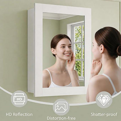 Buruis 20 x 28 Inch Bathroom Wood Medicine Cabinet Mirror, White | Fully Assembled Design, Adjustable Glass Shelves, Soft-Close Hinges, Bathroom Storage Organizer, Left/Right Opening