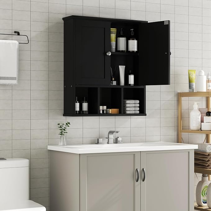 Shintenchi Bathroom Medicine Cabinet, Wall Mounted, Adjustable Shelf, Black | Over The Toilet Cupboard, Open & Concealed Storage, 2 Magnet Doors, Space-Saving, Easy to Clean