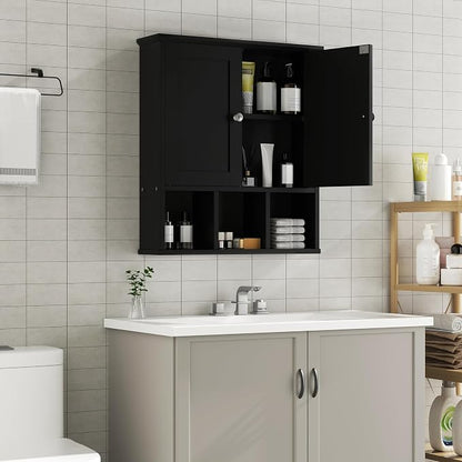 Shintenchi Bathroom Medicine Cabinet, Wall Mounted, Adjustable Shelf, Black | Over The Toilet Cupboard, Open & Concealed Storage, 2 Magnet Doors, Space-Saving, Easy to Clean