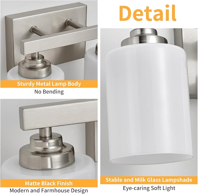 Bathroom Light Fixtures, Vanity Light Over Mirror Nickel 2-Light Fixture | Modern bathroom vanity light fixture with metal frame, ideal for mirrors, bedrooms and hallways. Fits E26 bulbs.