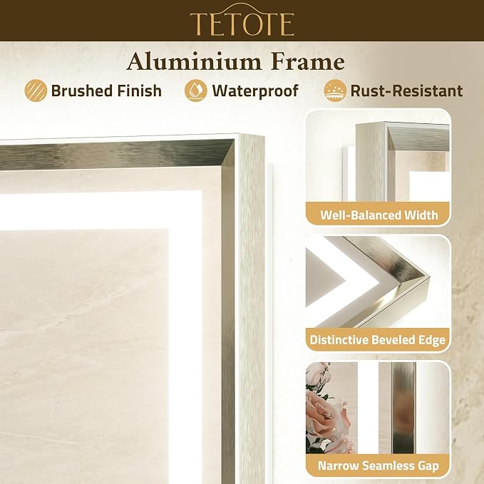 Led Bathroom Mirror 30 x 36 with Brushed Nickel Frame Anti-Fog Frontlit & Backlit Vanity Mirror Stepless Dimmable 3 Colors White/Warm/Natural Wall-Mounted