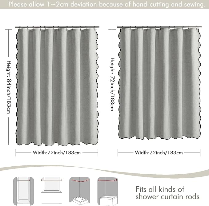 MIULEE Light Grey Scalloped Linen Shower Curtain 72x72 Inches | Linen Textured, Waterproof, Washable, 12 Metal Hooks, Heavy Duty Cloth, Black Border, Shower Curtain for Bathroom Bathtub