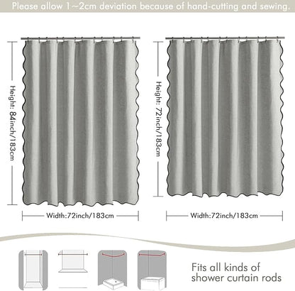MIULEE Light Grey Scalloped Linen Shower Curtain 72x72 Inches | Linen Textured, Waterproof, Washable, 12 Metal Hooks, Heavy Duty Cloth, Black Border, Shower Curtain for Bathroom Bathtub