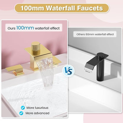 Brushed Gold Bathroom Faucet 3 Hole, 8 Inch Widespread Waterfall Bathroom Sink Faucet with Filter, Includes Metal Pop-Up Drain and Supply Hoses, Perfect for Vanity, Restroom, Sink, Rv