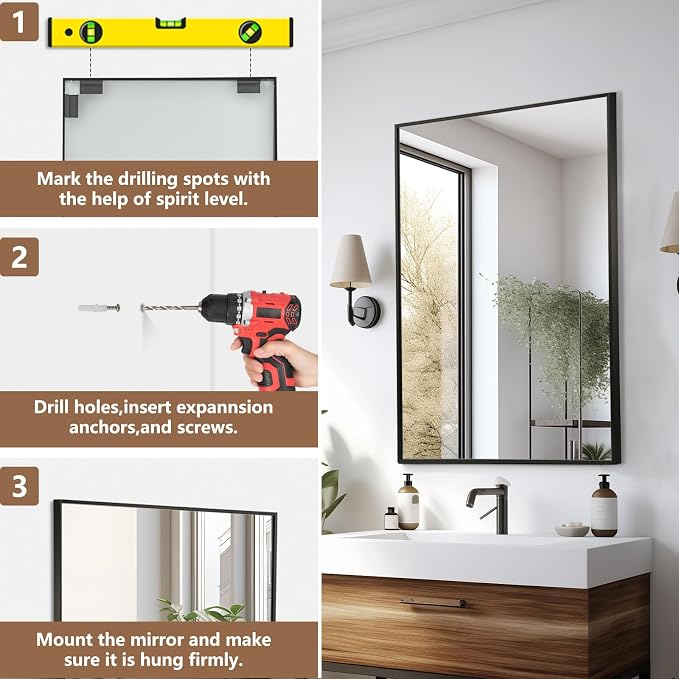 Black Bathroom Mirror, 26"x38" Rectangle Mirror, Matte Black Mirror, Metal Frame Square Corner Vanity Mirror, Wall Mounted Mirror for Modern, Living Room, Bedroom, Horizontal Or Vertical