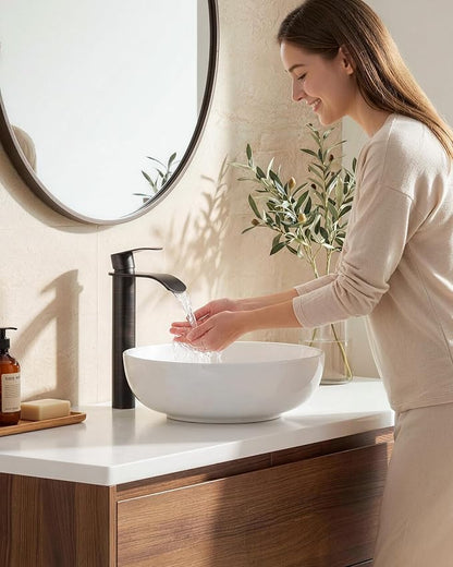 Vessel Sink Faucet Oil Rubbed Bronze：WOWOW Single Handle Tall Bathroom Faucet - Waterfall Single Hole Mixer Bar Tap with Large Rectangular Spout, Deck Mount Lavatory Vanity with Pop Up Drain