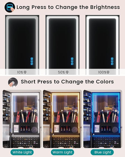 Vlsrka Jewelry Armoire with Full Length LED Mirror, 360° Swivel, Black | Standing Mirror with Storage, Lockable Jewelry Cabinet with Touch Screen & RGB Modes for Small Bedroom Spaces, Gift for Women