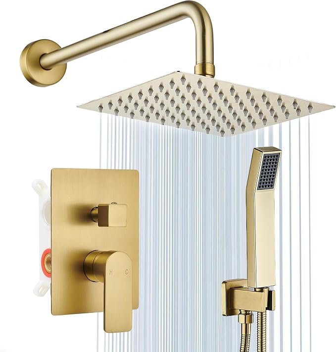 Shower Faucet Set With 8" Shower Head And Handheld Gold | Wall Mounted Shower System Valve Include 2 Function