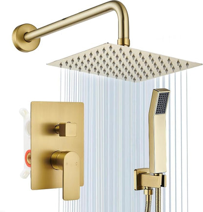 Shower Faucet Set With 8" Shower Head And Handheld Gold | Wall Mounted Shower System Valve Include 2 Function
