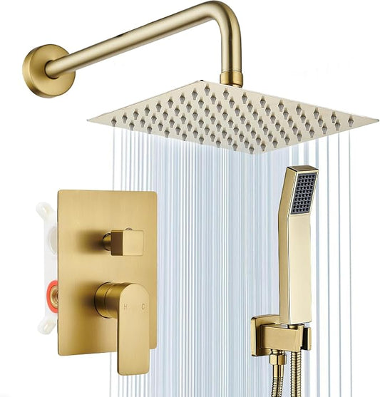 Shower Faucet Set With 8" Shower Head And Handheld Gold | Wall Mounted Shower System Valve Include 2 Function