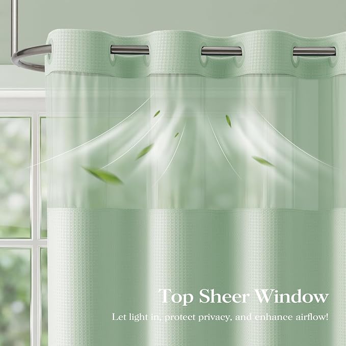 Mint Green Hook Free Waffle Shower Curtain & Snap-in Liner,72x75 | Less Time to install, 3 in 1 Fabric Shower Curtain and Liner Set with Magnets, Mesh Top Window, Shower Curtains for Bathroom