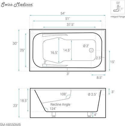 Voltaire 54" x 30" Right-Hand Drain Alcove Bathtub with Apron in Matte Black