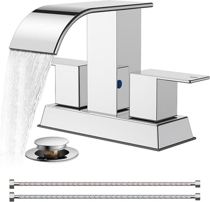 FORIOUS Bathroom Sink Faucet 4 Inch Centerset 2 or 3 Hole Polished Chrome | Bathroom Faucet Two Handles with Pop-up Drain and 24" cUPC Supply Lines, Suitable for RV Vanity Laundry and Restroom Sink