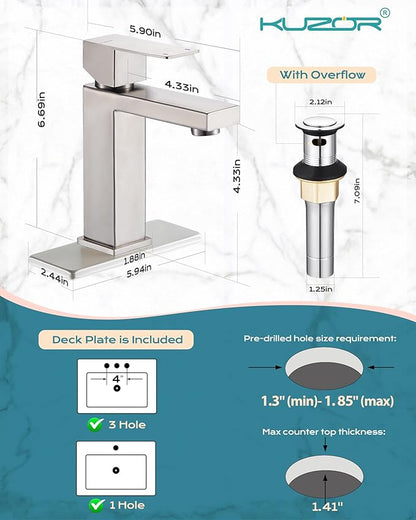 Single Hole Bathroom Faucet, 1-Handle Bathroom Sink Faucet with Pop-Up Drain, 304 Stainless Steel Brushed Nickel for Modern Bath/Vanity