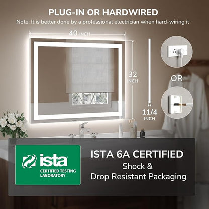 40x32 Inch LED Bathroom Mirror for Over Sink | Tempered Glass - Frameless Backlit Lighted Mirror for Bathroom Vanity with Anti-Fog, 3 Colors Dimmable, Memory Function