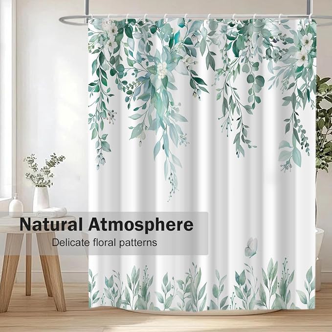 Teal Floral Eucalyptus Shower Curtain with Hooks, 72x84 Inch | Waterproof Fabric, Watercolor Leaves and Floral, Botanical Style, Machine Washable, Quick-Drying, for Hotel Bathroom