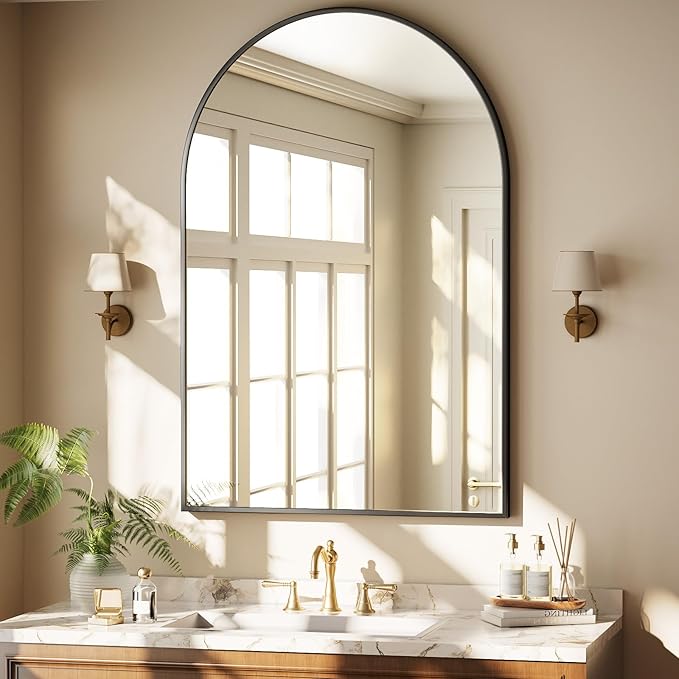 HARRITPURE Arched Bathroom Mirror 30"x48" Black Large Wall Mounted Mirror | Vanity Aluminum Alloy Frame Arch Wall Mirror for Living Room, Bedroom, Entryway