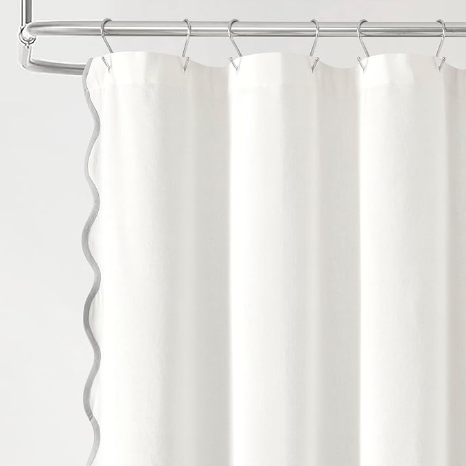 Lush Decor Coastal Chic Scallop Edge Linen-Textured Shower Curtain, Single 72" W x 72" L, Gray & White - Scalloped Shower Curtains - Coastal Bathroom Curtain