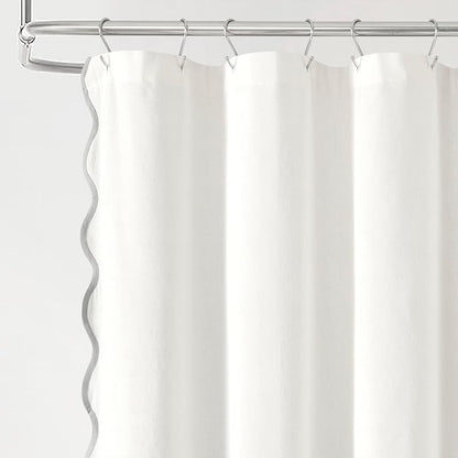 Lush Decor Coastal Chic Scallop Edge Linen-Textured Shower Curtain, Single 72" W x 72" L, Gray & White - Scalloped Shower Curtains - Coastal Bathroom Curtain