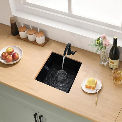 Black Undermount Bar Sink, 13 x 13 Inch | Granite Composite Quartz Small Kitchen Sink Wet Bar Single Bowl Deep Basin with Countertop Squeegee Brush Combo