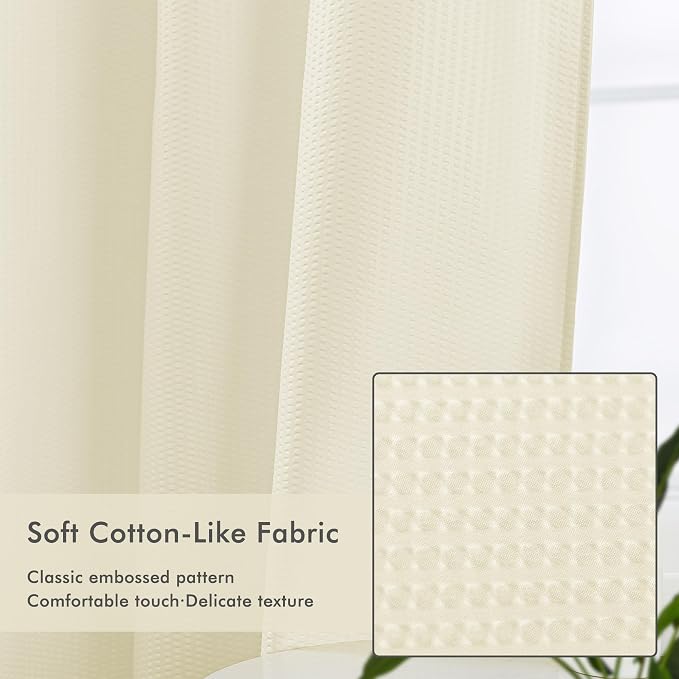 No Hook Cream Shower Curtain with Snap-in Fabric Liner 71x74 | Embossed Waffle-Look Textured, Sheer Window, Soft & Lightweight, Water Repellent Fabric Shower Curtain for Bathroom