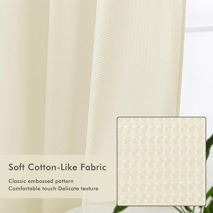 No Hook Cream Shower Curtain with Snap-in Fabric Liner 71x74 | Embossed Waffle-Look Textured, Sheer Window, Soft & Lightweight, Water Repellent Fabric Shower Curtain for Bathroom