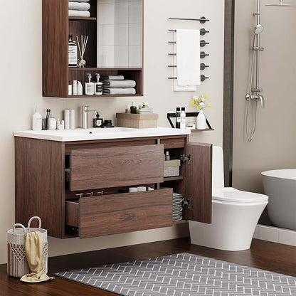 36-inch Luxury Bathroom Vanity with Sink, Stunning Walnut Finish, 2 Large Drawers & Hidden Storage, Invisible Handles, Moisture-Resistant. Ideal for Bathroom remodel and Upgrade.