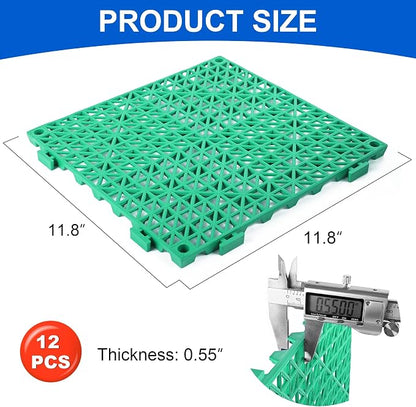 Modular Interlocking Cushion 12 Pack 11.8" x 11.8" Rubber Floor Tiles Non-Slip Splicing Drainage Mats for Deck, Pool, Outdoor Shower, Patio, Balcony, Indoor Bathroom, Kitchen, Yard (Green)