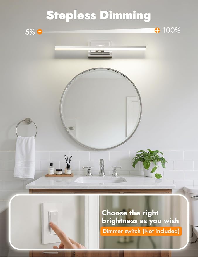 24 Inch Modern Bathroom Light Fixture, 14W 5CCT Dimmable LED Chrome Bathroom Vanity Lights Over Mirror, Vanity Lights for Bathrooms Restroom Mirror- ETL Certified