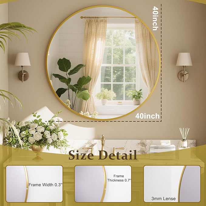 40 Inch Round Mirror - Circle Mirrors for Bathroom, Entryway and Living Room Wall Decor, Modern Hanging Vanity Mirror, Matte Gold Circle Decorative Wall Mirror