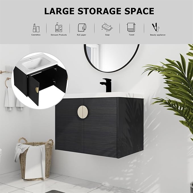 28inch Wall Mount Bathroom Vanity w/Sink Combo for Small Space, Ceramic Countertop Double Doors Modern Bathroom Vanity Cabinet, Floating Black Bathroom Vanity and Sink Set w/Gold Handle