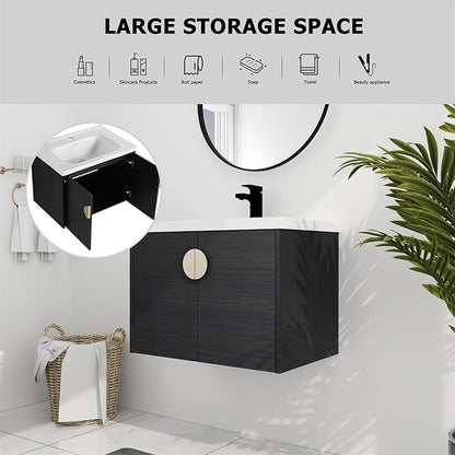 28inch Wall Mount Bathroom Vanity w/Sink Combo for Small Space, Ceramic Countertop Double Doors Modern Bathroom Vanity Cabinet, Floating Black Bathroom Vanity and Sink Set w/Gold Handle