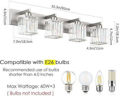 Aipsun Brushed Nickel Bathroom Lighting Fixtures 4 Light Crystal Modern Bathroom Vanity Light (Exclude Bulb)