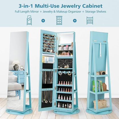 CHARMAID 360° Swivel Jewelry Armoire with Full Length Mirror, Rear Storage Shelves, Lockable Standing Jewelry Cabinet Organizer with Interior Vanity Mirror and 3-Color Lights (Sky Blue)
