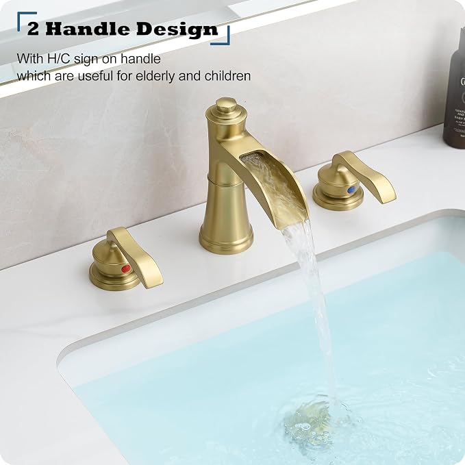 Brushed Gold 3 Hole Bathroom Faucet, 4-16 Inch Widespread Waterfall Faucet for Bathroom Sink with Pop-up Drain, Supply Water Hose and 2 Handle for Vanity, Brass