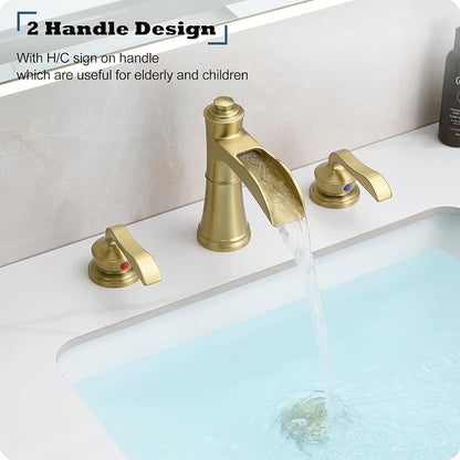 Brushed Gold 3 Hole Bathroom Faucet, 4-16 Inch Widespread Waterfall Faucet for Bathroom Sink with Pop-up Drain, Supply Water Hose and 2 Handle for Vanity, Brass