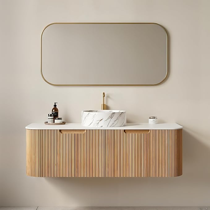 Yayzy 48" Floating Bathroom Vanity with Sink, Solid Wood Fluted Cabinet, White Marble-Patterned Ceramic Basin & Faux Marble Top, Soft-Close Drawer, Pre-Assembled, Natural Woodgrain