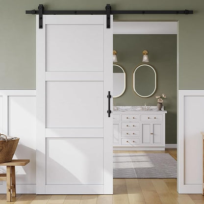 SMARTSTANDARD 36in x 84in Sliding Barn Door with 6.6FT HardwareTrack,3Panel | Waterproof PVC Surface, Pre-Drilled Holes Easy to Assemble, White, Solid, MDF