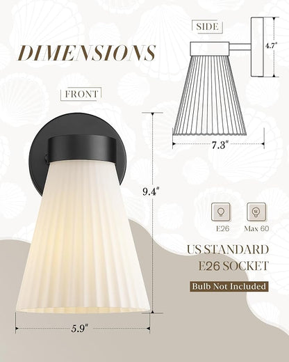 Bathroom Wall Sconce Set of Two, HWH Wall Vanity Light with Frosted White Striped Shade, Industrial Wall Lamp Matte Black for Bathroom Doorway, 5HZG97B-2PK BK