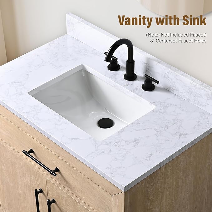 HOMEBEYOND 36 Inch Bathroom Vanity with Single Sink & Ceramic Top, MDF Material Vanity Cabinet with Basin Combo, Soft-Closing Doors, Removable Shelf, Backsplash