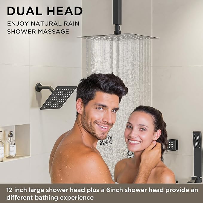 Shower Systems with Body Jets, STARBATH 4 Way 12+6" Rainfall Shower Head with Handheld Spray Combo, Ceiling Mounted Shower Jets System in Wall Shower Faucet Sets Complete, Matte Black