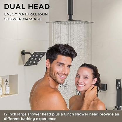 Shower Systems with Body Jets, STARBATH 4 Way 12+6" Rainfall Shower Head with Handheld Spray Combo, Ceiling Mounted Shower Jets System in Wall Shower Faucet Sets Complete, Matte Black
