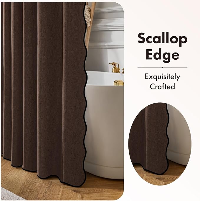 ANRODUO Brown Scalloped Linen Textured Shower Curtain, W72 x L108 | Boho Farmhouse Shower Curtain with 12 Metal Hooks, Machine Washable Waterproof Heavy Duty Fabric for Bathroom Bathtub