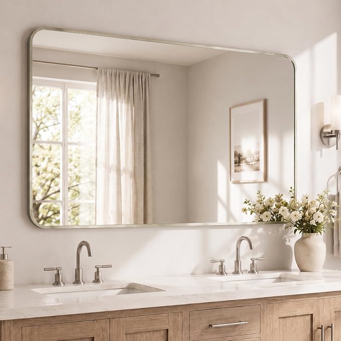 30x48 Inch Brushed Nickel Rounded Rectangle Bathroom Vanity Mirror | For Over-Sink Bathrooms, Corrosion-Resistant Aluminum Frame, Slim Front Profile, Vertical or Horizontal Layout