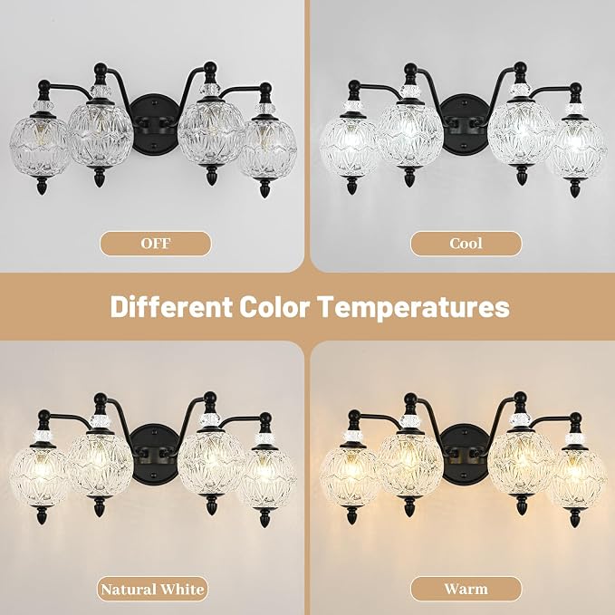 4-Light Matte Black Bathroom Vanity Light, Farmhouse Wall Sconce with Globe Glass Shades, Mid Century Retro Mirror Light for Bathroom, Powder Room
