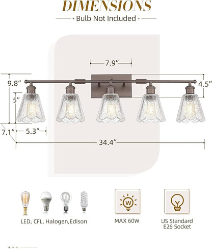 HWH Rustic Bathroom Light Fixture, Clear Floral Glass, 5HJX110B-5W ORB | Oil-Rubbed Bronze Finish, 34 Inch Bathroom Vanity Light Over Mirror, Vanity Lights for Bedroom, Sized At 34 In Fixture Size