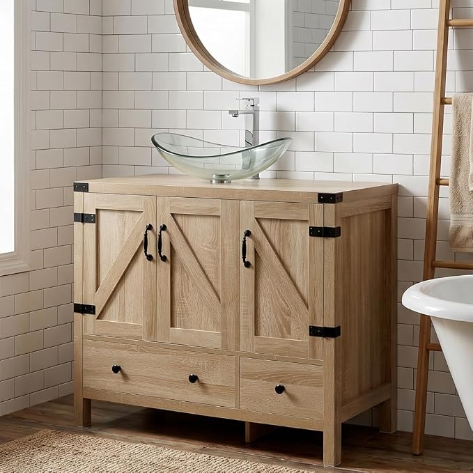 36" Natural Color Bathroom Vanity, Rustic Fixture Standing Pedestal Cabinet with Clear Boat Vessel Sink