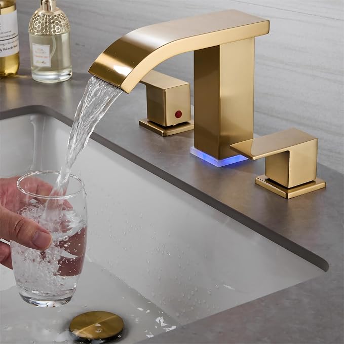 Brushed Gold Waterfall Bathroom faucets, 8 inch Widespread Modern Sink Faucet, Touch on 3 Hole 2 Handle Vanity,Gold Bathroom Sink Faucet with LED Light (Brushed Gold)