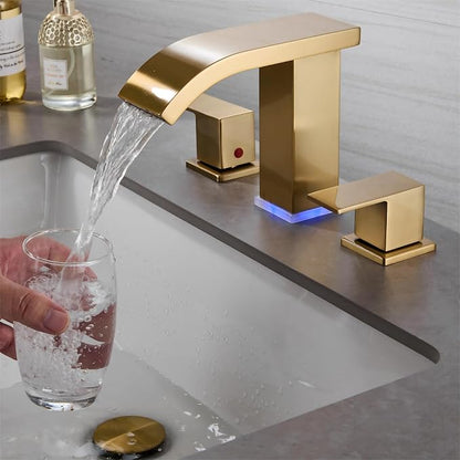 Brushed Gold Waterfall Bathroom faucets, 8 inch Widespread Modern Sink Faucet, Touch on 3 Hole 2 Handle Vanity,Gold Bathroom Sink Faucet with LED Light (Brushed Gold)