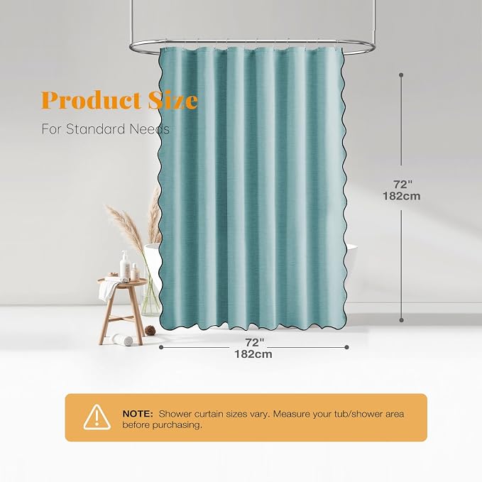 BTTN Teal Scalloped Shower Curtain, Linen Textured Heavy Duty Fabric Shower Curtain Set with 12 Plastic Hooks, Elegant Modern Rustic Boho Farmhouse Waterproof Cloth Shower Curtains for Bathroom, 72x72